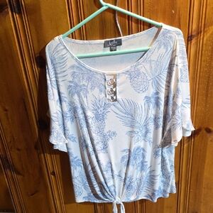 Belle By Belldini Blue and White Tropical Print Blouse